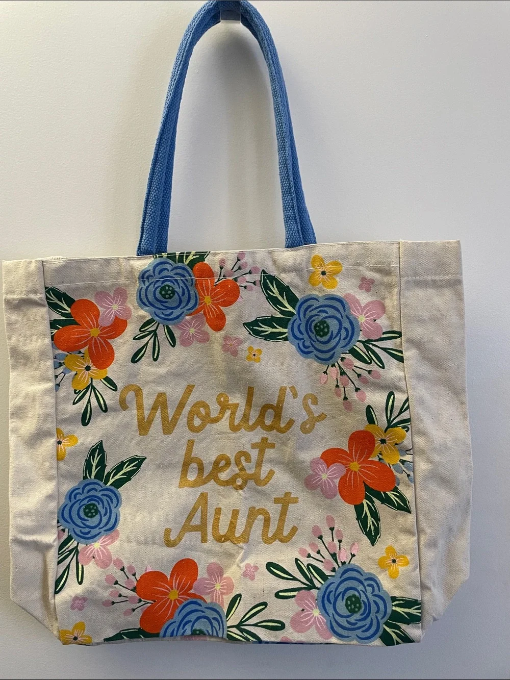 Eccolo Natural Canvas Tote with Blue Handles and Floral Accents